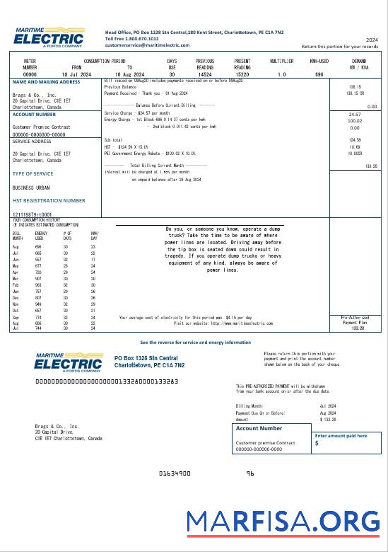 Downloadable Canada Maritime Electric business utility bill template in Word and pdf format